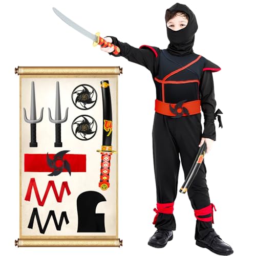 Ninja Kostüm Kinder Schwarz Rot, 12 Stück Ninja Anzug Kinder Samurai Kostüm, Zubehör Kostüm Set mit Maske, Katana, Schwert Kinder, Karneval Kostüm Kinder Jungen, Cosplay Kostüm für Karneval Halloween von Kitimi