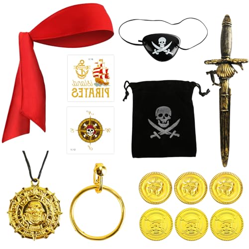 Piratenkostüm Kinder, Piratenkostüm Accessoires mit Kompass Geldbeutel Ohrring, Pirat Kostüm Zubehör für Karneval, Halloween und Piraten Party Kinder Mädchen von Kitimi