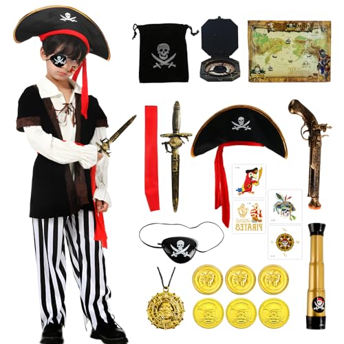 Piratenkostüm Kinder, Piratenkostüm Herren mit Kostüm Hut Kompass Geldbeutel Ohrring, Pirat Kostüm für Karneval, Halloween und Piraten Party Kinder Mädchen Junge(L) von Kitimi