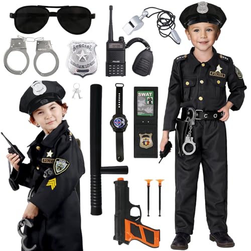 Polizei Kostüm Kinder, Faschingskostüme Kinder Polizei Uniform Set, Polizei Accessoires Polizei Gürtel Polizei Mütze Handschellen Walkie-Talkie für Karneval Halloween Kostüm Polizei Kinder von Kitimi