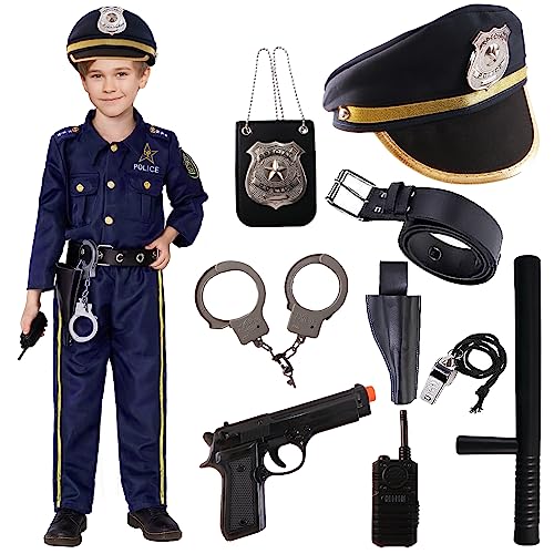 Polizei Kostüm Kinder Jungen, Polizist Kostüm Kinder Faschingskostüme Karneval Polizei Kinder Cosplay, 11 Stück Polizei Zubehör Handschellen Polizeimütze Spielzeugpistole Walkie-Talkie von Kitimi