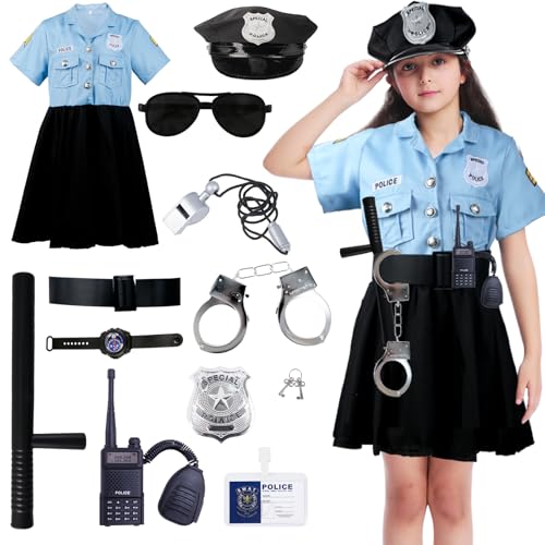 Polizei Kostüm Kinder Mädchen, Faschingskostüme Kinder Polizei Kleid Set, Polizei Accessoires Polizei Gürtel Polizei Mütze Handschellen Walkie-Talkie für Karneval Halloween Kostüm Polizei Kinder von Kitimi