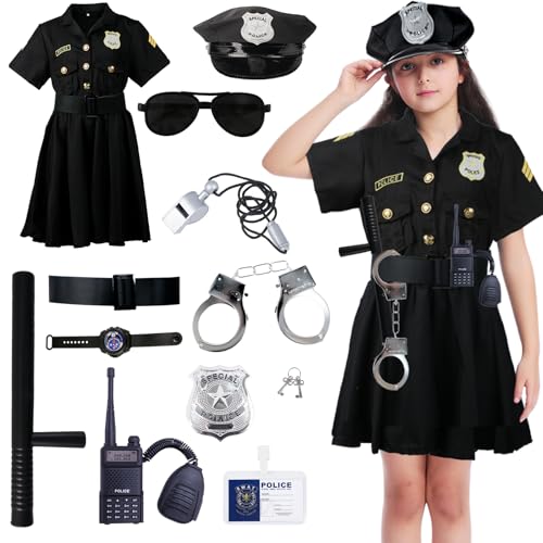 Polizei Kostüm Kinder Mädchen, Faschingskostüme Kinder Polizei Kleid Set, Polizei Accessoires Polizei Gürtel Polizei Mütze Handschellen Walkie-Talkie für Karneval Halloween Kostüm Polizei Kinder von Kitimi