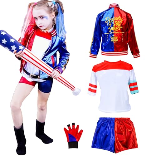 Quin-n Kostüm Kinder Damen Halloween Kostüm Kinder Erwachsene Cosplay-Kostüm Mädchen mit Handschuhe Jacke T-shirt Shorts Halskette Halloween Karneval Cosplay(150) von Kitimi