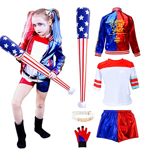 Quinn Kostüm Kinder Damen Halloween Kostüm Kinder Erwachsene Cosplay-Kostüm Mädchen mit Handschuhe Jacke T-shirt Shorts Halskette Halloween Karneval Cosplay(120) von Kitimi