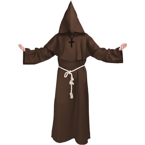 Robe Mönch Kostüm Herren Braun mit Kapuze und Kreuz, Mönchskutte Braun, Nonnen Priester Kostüm Herren, Kostüm Mittelalter Herren Robe, Pfarrer Kostüm Herren, Karneval Kostüm Herren für Halloween von Kitimi