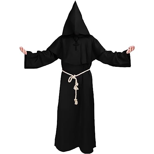 Robe Mönch Kostüm Herren Schwarz mit Kapuze und Kreuz, Mönchskutte Schwarz, Nonnen Priester Kostüm Herren, Kostüm Mittelalter Herren Robe, Pfarrer Kostüm Herren, Karneval Kostüm Herren für Halloween von Kitimi