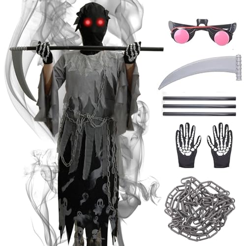 Sensenmann Kostüm Kinder, 7PCS Halloween Sensenmann Kinder mit Handschuhe Gürtel Rote Brille Sense Kette, Karneval Cosplay für Herren Jungen Mädchen(Jungen, L) von Kitimi