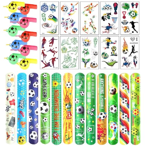 Fußball Geschenke Kindergeburtstag, Fußball Party Mitgebsel Kinder, Fußball Give Aways, 32PCS Schnapparmbänder Trillerpfeifen Tattooaufkleber Spielzeug Kindergeburtstag für Jungen Mädchen von Kiuiom