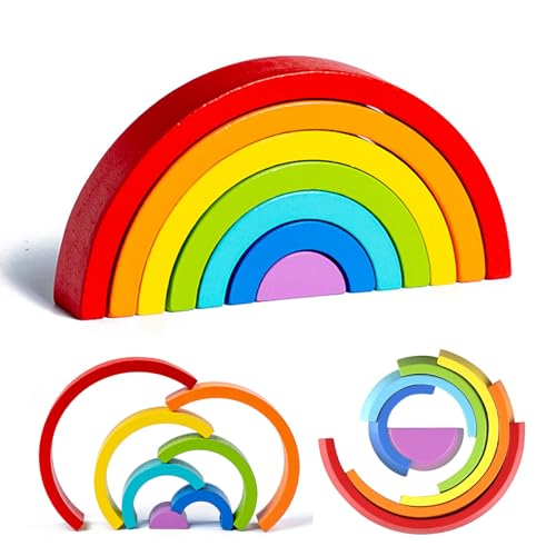 Kiuiom Regenbogen Holz Spielzeug Bausteine,Holz Regenbogen Baby Pastell,Holz Montessori Regenbogen,Holzregenbogen Stapel,Vorschule Stapeln Spielzeug,Holz Stapelturm,Baby Lernen Spielzeug,Rot von Kiuiom