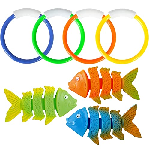 ​Pool Tauchspielzeug für Kinder, Tauchen Spielzeug, Unterwasser Spielzeug Sommer,3PCS Tauchfische und 4PCS Tauchringe Pool Spielzeug Spielzeug Unterwasser Schwimmbad Spielzeug von Kiuiom