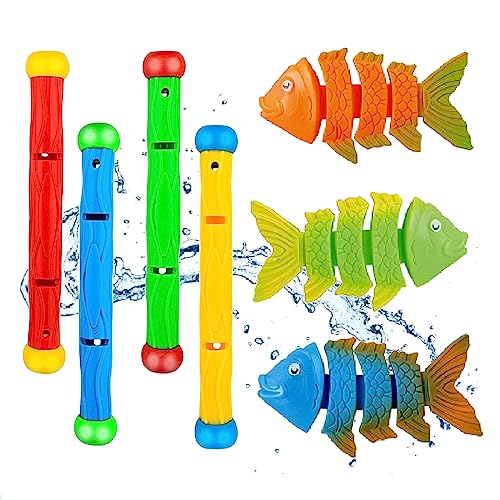 Pool Tauchspielzeug für Kinder,Schwimmbad Tauchspielzeug für Tauchspieltraining,Unterwasser Tauchen Spielzeug, 3PCS Tauchfische und 4PCS Tauchstäbe Pool Spielzeug Spielzeug Unterwasser Schwimmbad Spie von Kiuiom