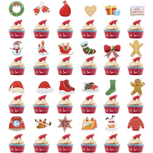 Weihnachten Cupcake Toppers,Weihnachtskuchen Dekoration,Weihnachten Kuchen Topper 24 PC Weihnachts Deko Torte Kuchen Flaggen Weihnachts für Weihnachten Kuchen Dekorationen Party von Kiuiom