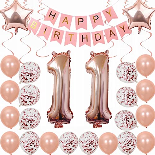 Kiwochy 11. Geburtstag Dekoration Rosegold Deko 11. Geburtstag Mädchen Party Deko Set 11 Geburtstag Mädchen Deko Geschenk 11 jahre Geburtstag deko Ballon 11 Geburtstag Mädchen Junge 11 jahre Mädchen von Kiwochy