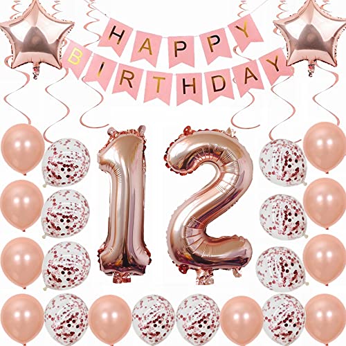 Kiwochy 12. Geburtstag Dekoration Rosegold Deko 12. Geburtstag Mädchen Party Deko Set 12 Geburtstag Mädchen Deko Geschenk 12 jahre Geburtstag deko Ballon 12 Geburtstag Mädchen Junge 12 jahre Mädchen von Kiwochy