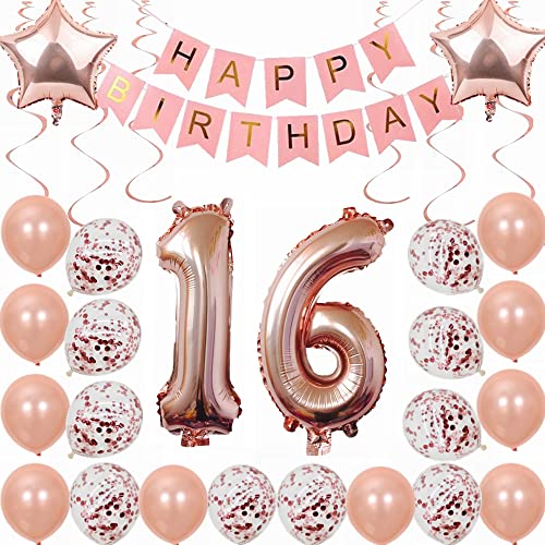 Kiwochy 16. Geburtstag Dekoration Rosegold Deko 16. Geburtstag Mädchen Party Deko Set 16 Geburtstag Mädchen Deko Geschenk 16 jahre Geburtstag deko Ballon 16 Geburtstag Mädchen Junge 16 jahre Mädchen von Kiwochy