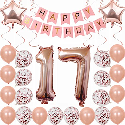 Kiwochy 17. Geburtstag Dekoration Rosegold Deko 17. Geburtstag Mädchen Party Deko Set 17 Geburtstag Mädchen Deko Geschenk 17 jahre Geburtstag deko Ballon 17 Geburtstag Mädchen Junge 17 jahre Mädchen von Kiwochy