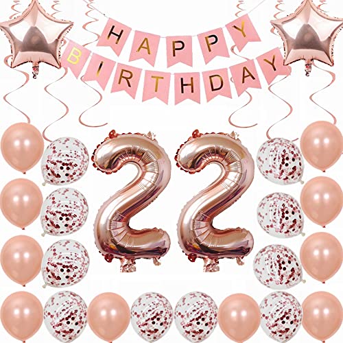 Kiwochy 22. Geburtstag Dekoration Rosegold Deko 22. Geburtstag Frauen Männer Party Deko Set 22 Geburtstag Frauen Deko Geschenk 22 jahre Geburtstag deko Ballon 22 Geburtstag Frauen 22 jahre Frauen von Kiwochy