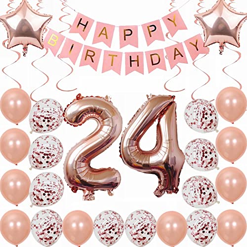 Kiwochy 24. Geburtstag Dekoration Rosegold Deko 24. Geburtstag Frauen Männer Party Deko Set 24 Geburtstag Frauen Deko Geschenk 24 jahre Geburtstag deko Ballon 24 Geburtstag Frauen 24 jahre von Kiwochy