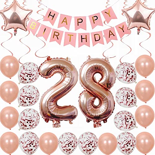 Kiwochy 28. Geburtstag Dekoration Rosegold Deko 28. Geburtstag Frauen Männer Party Deko Set 28 Geburtstag Frauen Deko Geschenk 28 jahre Geburtstag deko Ballon 28 Geburtstag Frauen 28 jahre Frauen von Kiwochy