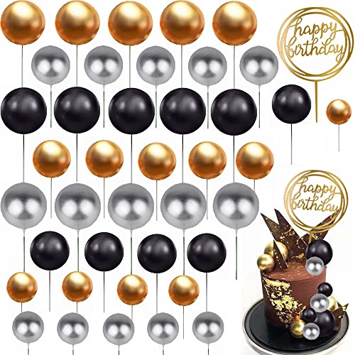 Kiwochy 46 Stück Happy Birthday Tortendeko Kugeln Tortendeko Geburtstag Schwarz und Gold Kuchen Schaumkugeln Cupcake Topper Happy Birthday Cake Topper DIY Tortendeko für Geburtstag Hochzeit Birthday von Kiwochy