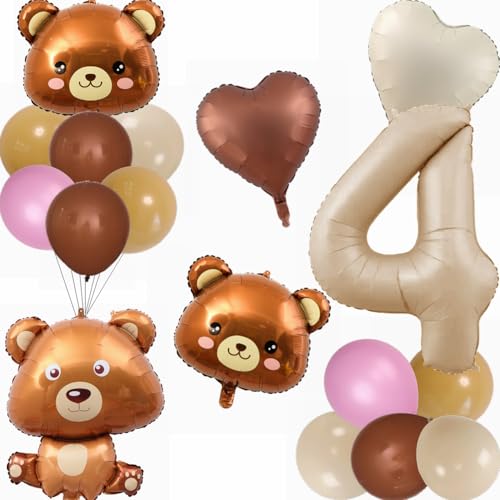 Kiwochy Bären Ballons 4. Creme Geburtstagsdeko 4 Jahr Junge Mädchen Bär Folienballon Deko 4. Geburtstag Mädchen Dschungel Deko 4 Geburtstag für Safari Geburtstagsdeko 4 Jahre Kindergeburtstag Deko von Kiwochy