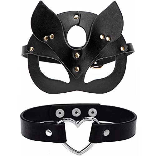 Kiwochy Katze Maske mit Herz Halskette Schwarze Maskerade Gesichtsmaske Damen Maske Halbes Gesicht Maske aus PU Leder Karnevalmasquerade Mask für Karneval Mottoparty Kostüm Maske Abschlussball Augenma von Kiwochy