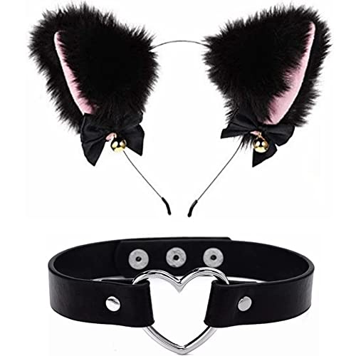 Kiwochy Katzenohren Haarreif Fuchsohren Stirnband Cat Ears Headband Katze Ohr Stirnband Haarband mit Herz Choker Halskette Katzen Haarreif Katzeohren Anime Katze Cosplay für Kinder Erwachsene Schwarz von Kiwochy