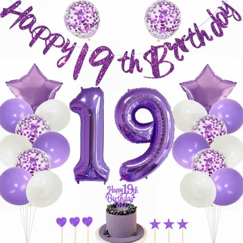 Kiwochy Lila 19 Geburtstag Deko Mädchen 19 Geburtstag Dekoration Lila Tortendeko Geburtstagsdeko 19 jahre Luftballons Nummer 19 Folienballon 19. Geburtstag Party Deko 19 jahre Geburtstag Deko Ballon von Kiwochy