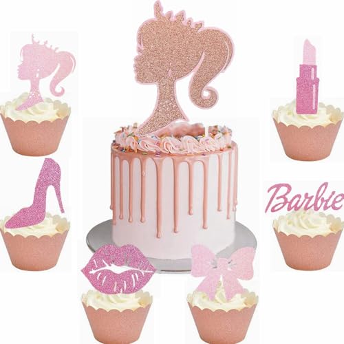 Kiwochy Tortendeko Geburtstag Mädchen Prinzessin Cupcake Toppers Blassrosa Mädchen High Heels Lippenstift Kuchen Deko Makeup Cupcake Toppers für Mädchen Princess Thema Party Kuchen Dekoration von Kiwochy