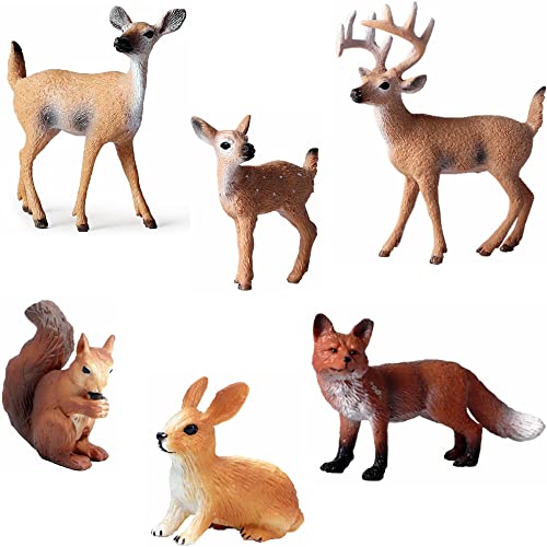 Kiwochy Woodland Tiere Figuren Waldtiere Figuren Spielzeug Wald Tierfiguren Tiere Spielzeug mit Hirsch Familie Fuchs Kaninchen Eichhörnchen für Wald Kuchen Topper Weihnachten Party Deko 6 STK von Kiwochy