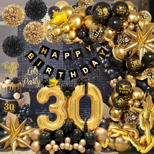 30 Jahre Geburtstag Deko, 30. Geburtstag Männer Frauen, 30 Jahre Schwarz Gold 30. Geburtstag Deko Frauen mit Happy Birthday Girlande, Ballons Konfetti für 30 Jahre Frauen Mann Geburtstag Deko von Kiyiusan