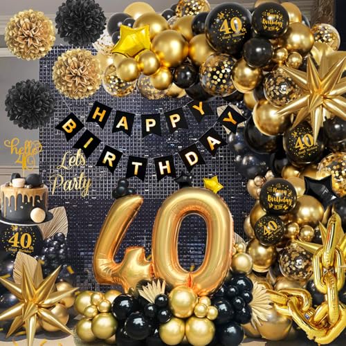 40 Jahre Geburtstag Deko, 40. Geburtstag Männer Frauen, 40 Jahre Schwarz Gold 40. Geburtstag Deko Frauen mit Happy Birthday Girlande, Ballons Konfetti für 40 Jahre Frauen Mann Geburtstag Deko von Kiyiusan