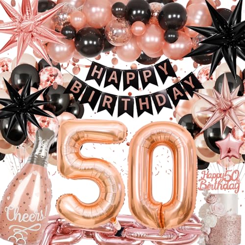 50 Geburtstag Deko Frauen, 50. Ballons Rosegold Schwarz Deko 50. Geburtstag Deko Frauen mit Happy Birthday Girlande, Ketten Ballons, Ballons Konfetti für 50 Jahre Frauen Geburtstag Deko von Kiyiusan