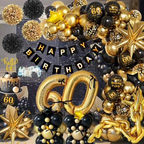 60 Jahre Geburtstag Deko, 60. Geburtstag Männer Frauen, 60 Jahre Schwarz Gold 60. Geburtstag Deko Frauen mit Happy Birthday Girlande, Ballons Konfetti für 60 Jahre Frauen Mann Geburtstag Deko von Kiyiusan