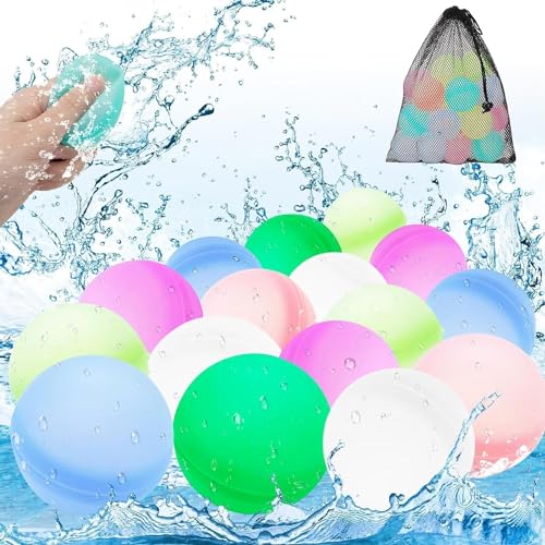 Kizozo Wasserbomben Wiederverwendbar 18 Stück & Meshbag, wiederverwendbare Wasserbomben für Kinder, Wasserbomben selbstschließend wiederbefüllbar, Outdoor Wasserspielzeug Sommer für Jungen Mädchen von Kizozo