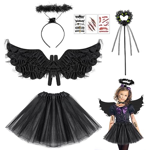 Teufel Kostüm Kinder, Halloween Kostüm Mädchen, Karneval Kostüm Teufelsflügel, Schwarzer Engel Kostüm mit Engelsflügel Deko, Tutu Rock, Zauberstab, Halloween Kostüm für Cosplay(7 Stück) von Kkluno