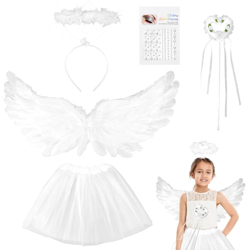 Engelsflügel Kinder, Engel Kostüm Damen Weiß, Engelsflügel Mit Heiligenschein Und Zauberstab, Tutu-Rock, Angel Wings, Weiße Flügel Mädchen, Engelsflügel Deko Halloween Karneval Party Cosplay von Kkluno