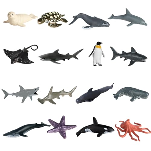 16 Stück Ozean Meer Tierfiguren, Ozean Tiere Spielzeug, Realistische Meerestier Figuren, Kunststoffe Meerestiere Spielzeug, Ozean Fisch Hai Wal, Meeresschildkröten, Seesterne, Pinguine, Robben von KkvoGmle