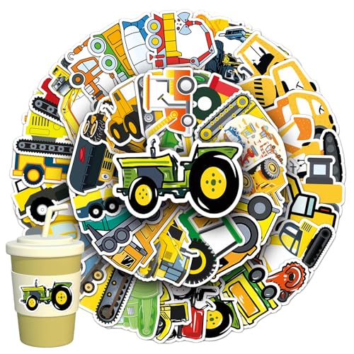 50 Stück Bagger Sticker Set, Wasserfeste Vinyl Baustelle Aufkleber, Baumaschinen Auto Traktor LKW Sticker, Kinder Aufkleber für Gepäck, Graffiti, Skateboard, Scrapbook, Laptop, Handytaschen, Koffer von KkvoGmle