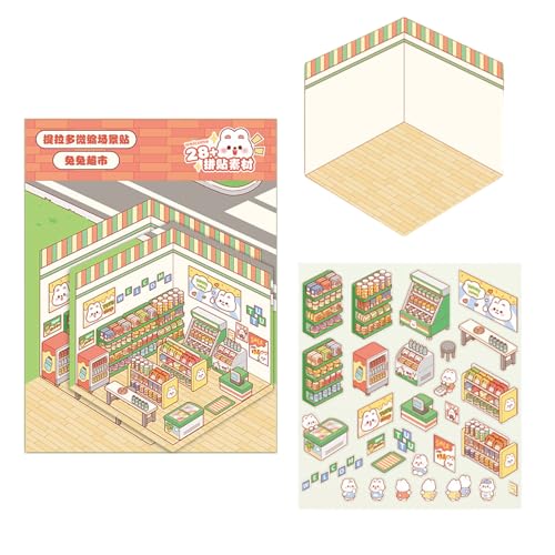 Klaisy Miniatur Kaninchen Supermarkt Szene Journal Aufkleber für Scrapbooking Cartoon Kaninchen Markt 3D Landschaft Aufkleber von Klaisy