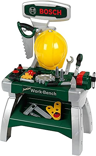 Theo Klein 8612 Bosch Werkbank Junior 2+ | Inkl. Helm, Schraubstock, Werkzeugen, Latten, Nägel, Schrauben und Muttern | Maße: 49 cm x 29 cm x 71 cm | Spielzeug für Kinder ab 2 Jahren von Theo Klein