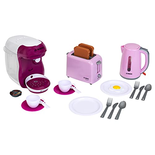 Theo Klein 9597 Bosch Frühstücksset I Rosa Küchenzubehör-Set inkl. Toaster, Kaffeemaschine und Wasserkocher I mit Geschirr, Besteck und Spiegelei-Attrappe I Spielzeug für Kinder ab 3 Jahren von Theo Klein