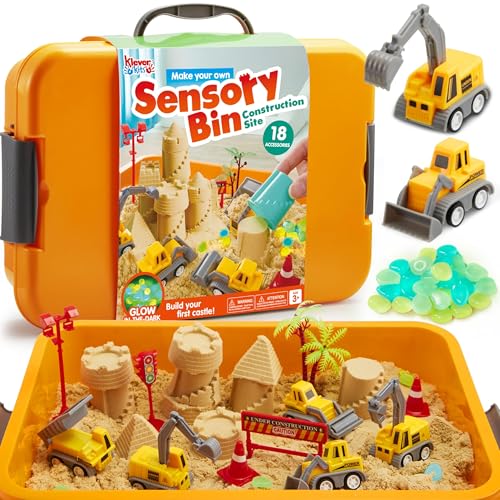 Klever Kits Magic Sand Set Spielsand Baustelle Kinder Koffer Spielsand für Kinder,Baustellen Sandkasten mit 18 Zubehörteilen,Leuchtenden Steinen,Zaubersand Sandspielzeug für Jungen ab 3 4 5 6 7 8 9 von Klever Kits