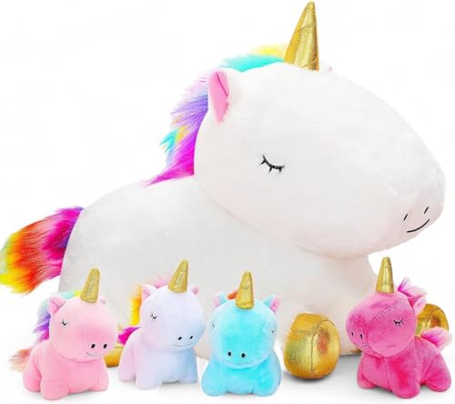 Hunde Kuscheltier mit Babys | Mama Hund mit 4 Baby Welpen, 5 Regenbogenmähnen Einhorn Welpen | Kuscheltier Hund mit 4 Babys | Spielzeugkissen für Mädchen im Alter von 3-8 Jahren (Umarme Einhorn) von Klikkopers