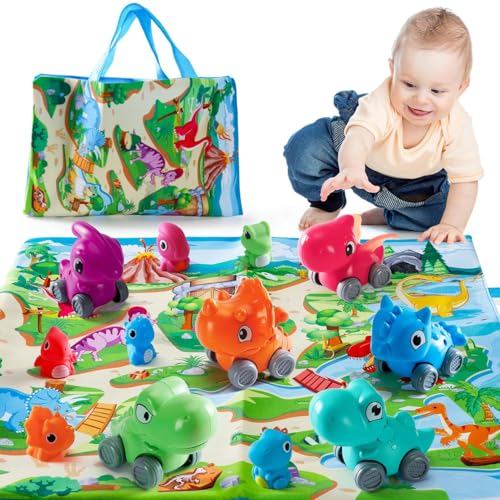 KmmiFF 14pcs Dinosaurier-Spielzeugset, 2-in-1 Spiel- und Aufbewahrungsmatte, 1x Aufbewahrungsbox, 6X Dinosaurier-Fahrzeuge und 6X niedliche Fingerdinosaurier für 1 Jahr Kids von KmmiFF