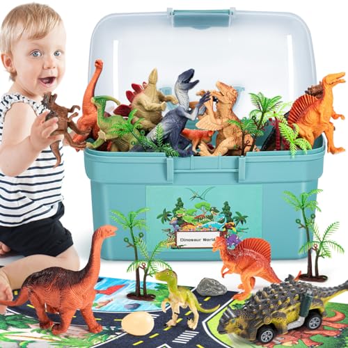 KmmiFF Dinosaurier Spielzeug ab 4 Jahre, 43pcs Dinosaurier Figuren Set mit Spielmatte & Aufbewahrungsbox, Halloween, Weihnachten, Geburtstag Geschenke für Jungen Kinder 3 4 5 6 Jahre von KmmiFF