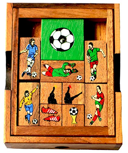 Khun Pan Foot Ball, Escape Knobelspiel medium in einer Holzbox, Knobelholz Schiebespiel mit Fussball Figuren, Knobelbox, Khun Phaen, Ausparken, Konzentration Unterhaltungsspiel, Reisespiel, von Knobelholz.de