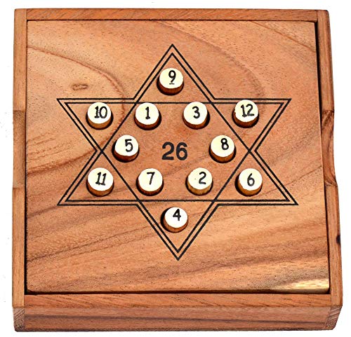 Star 26 Game Box, EIN Stern und Jede Linie soll einen Summe von 26 ergeben, Knobelholz Lernspiel für Kinder, Rechenspiel, Steckhalma mit Zahlen, Konzentrationsspiel, Knobelspiel von Knobelholz.de