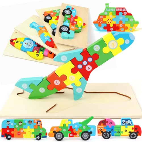 9 Stück Holzpuzzle Spielzeug für Kleinkinder,3D Kinder Steckpuzzle Holz,Lernendes Pädagogisches Holzpuzzle-Spielzeug,Holzpuzzle ab 2 Jahre,Montessori holzspielzeug Puzzle(Flugzeug、Feuerwehrauto) von Knoiuao